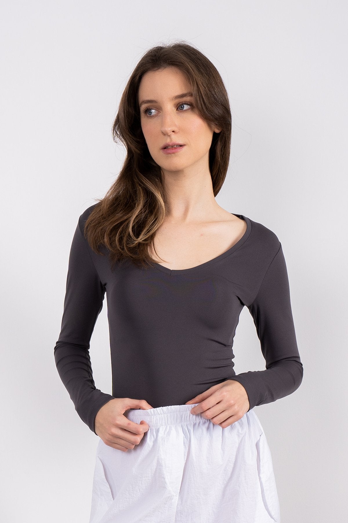 Soft Touch V Yaka Bluz Füme