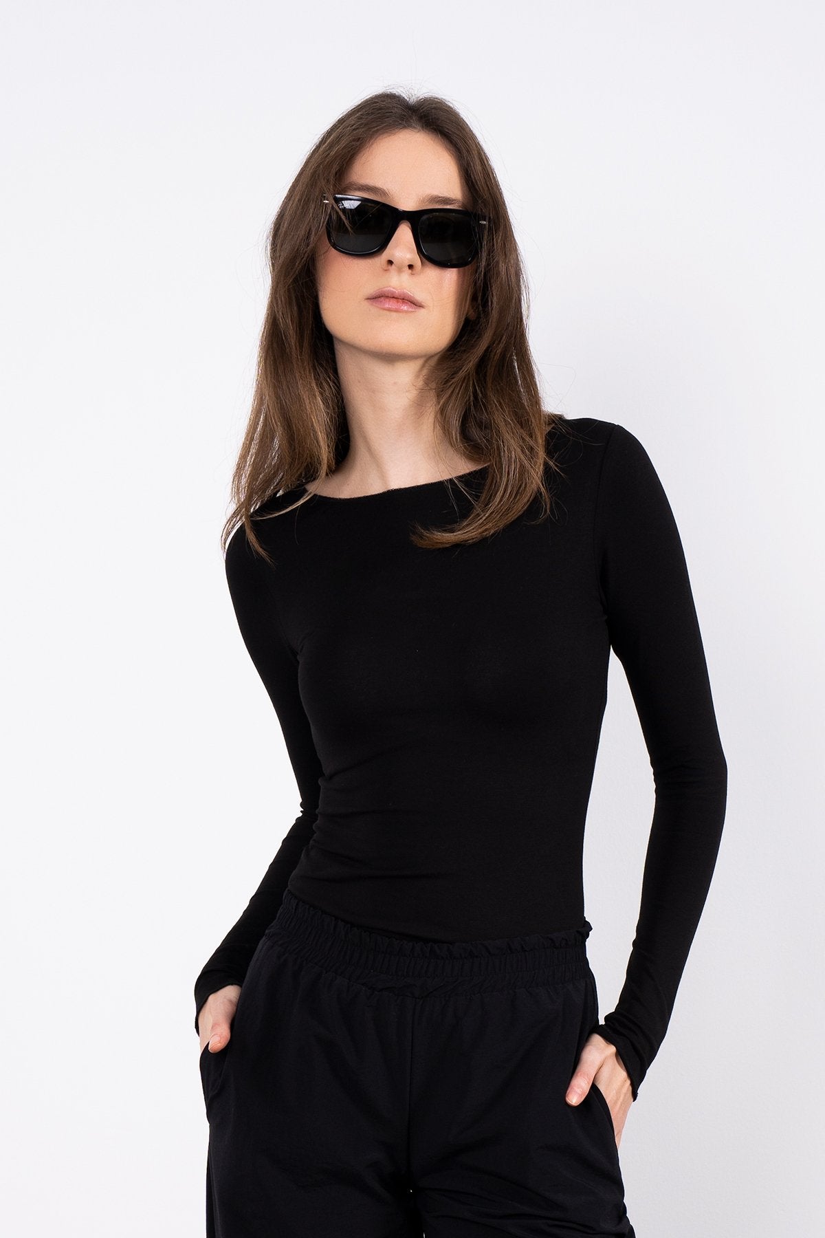 Cotton Kayık Yaka Bluz Siyah