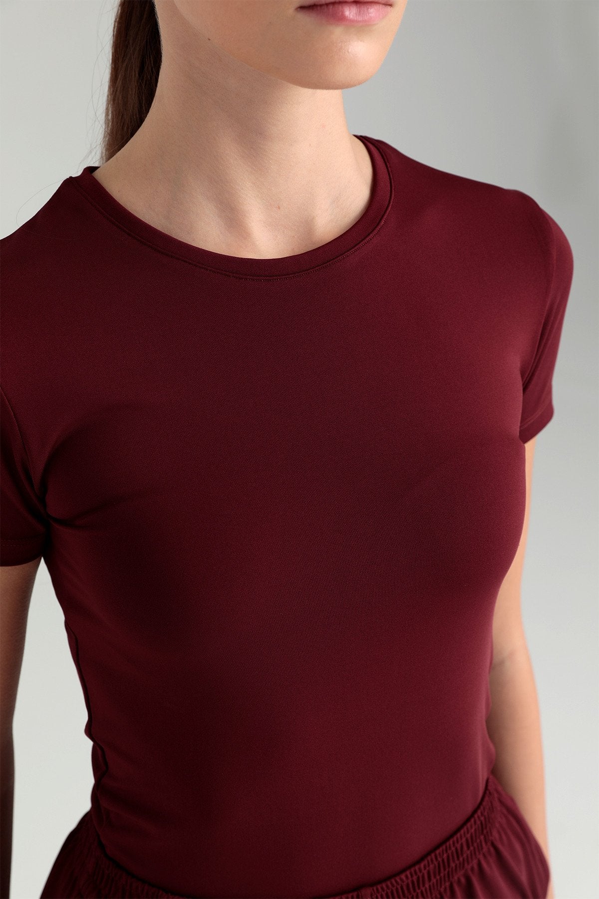 Soft Touch Yuvarlak Yaka Kısa Kol Bluz Bordo