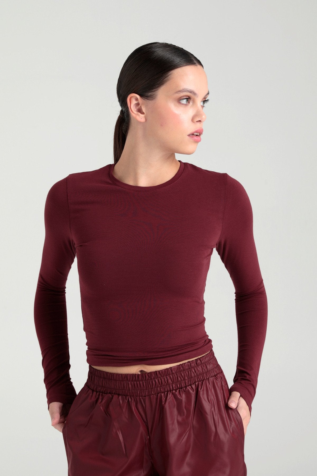 Cotton Yuvarlak Yaka Bluz Bordo