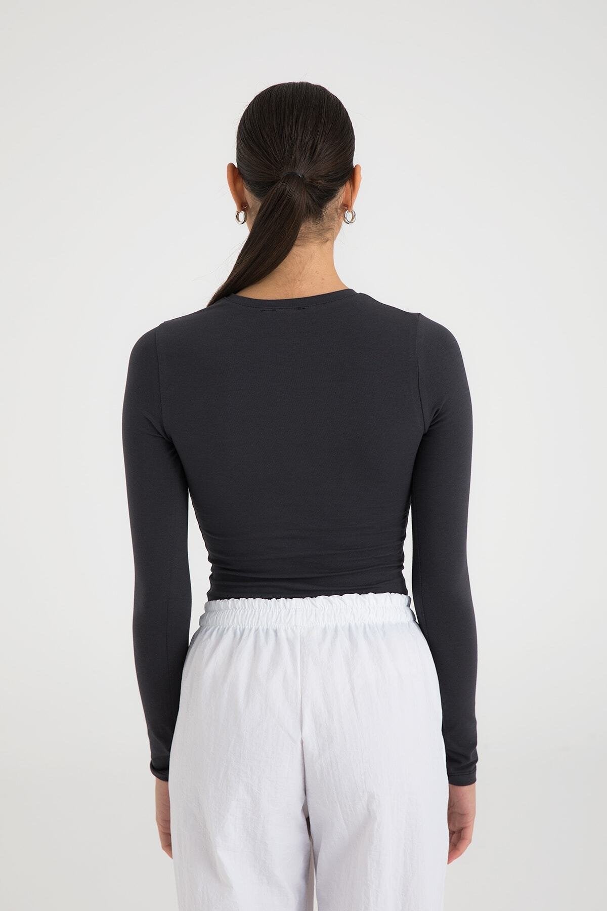 Cotton Yuvarlak Yaka Bluz Füme