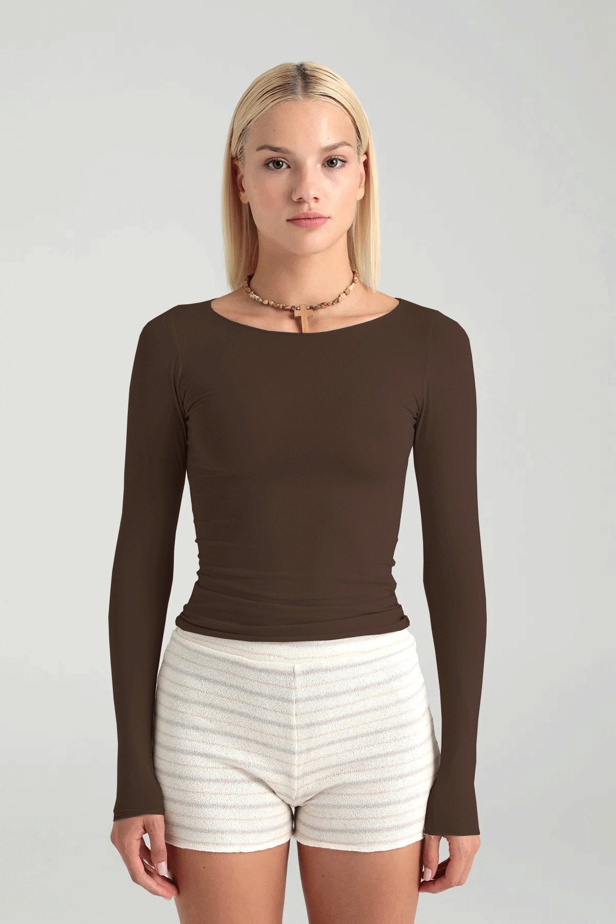 Cotton Kayık Yaka Bluz Kahverengi