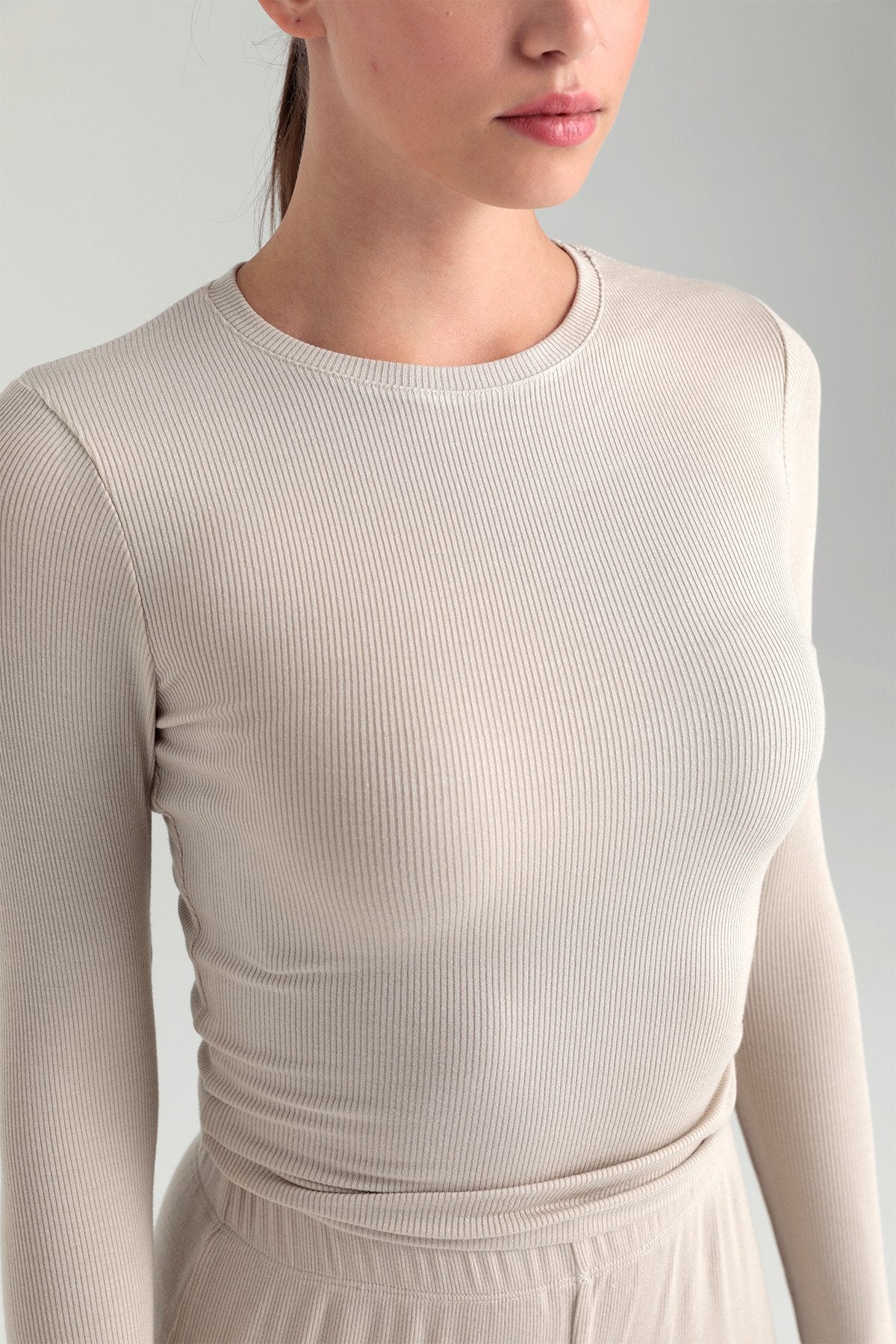 Soft Rib Yuvarlak Yaka Bluz Bej