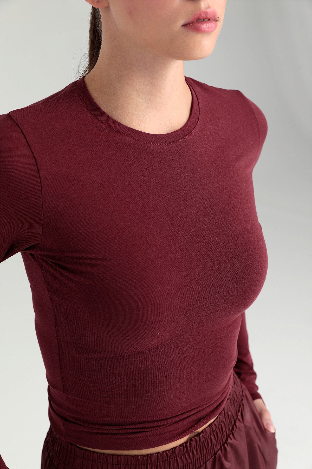 Cotton Yuvarlak Yaka Bluz Bordo