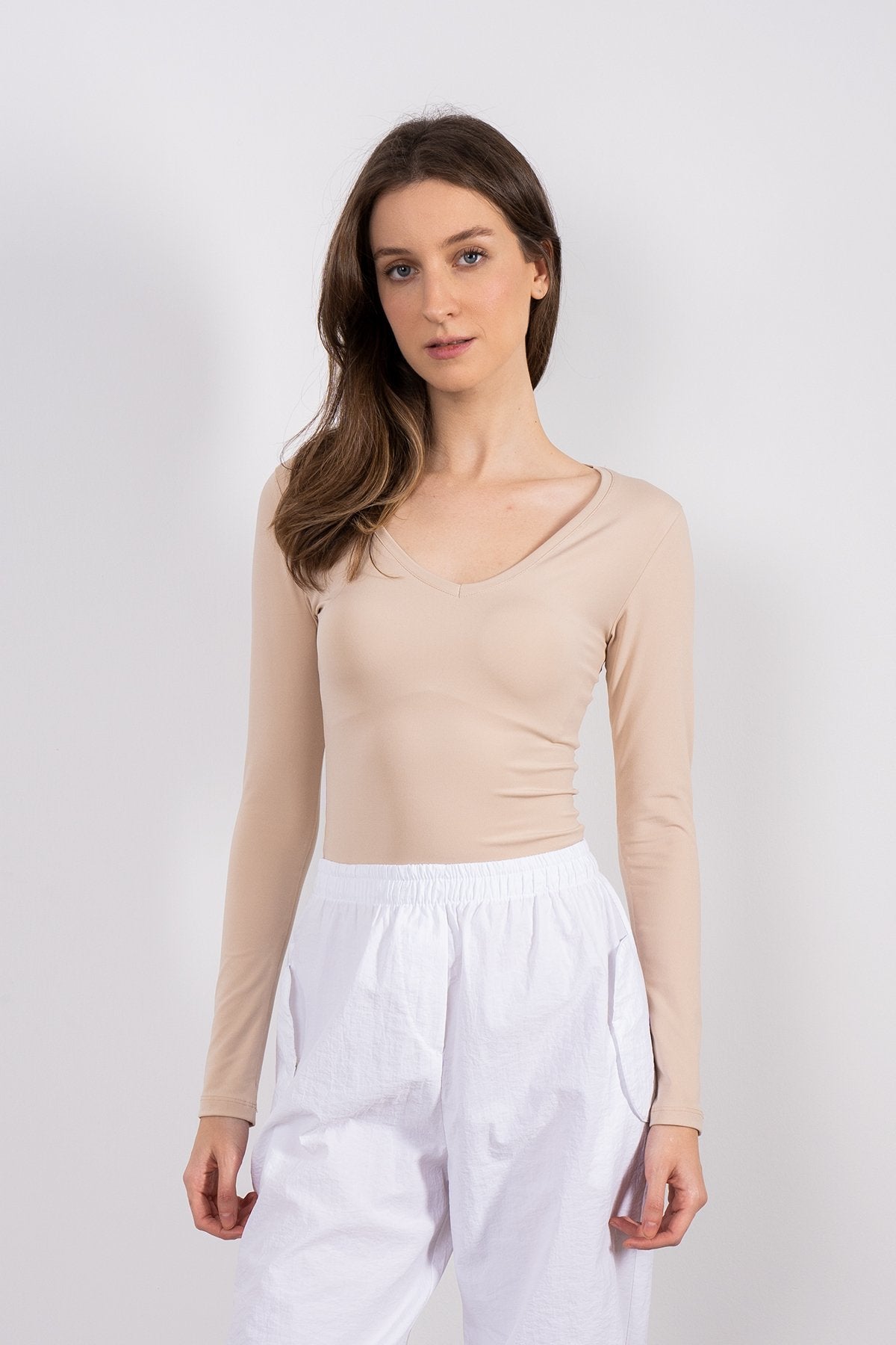 Soft Touch V Yaka Bluz Bej