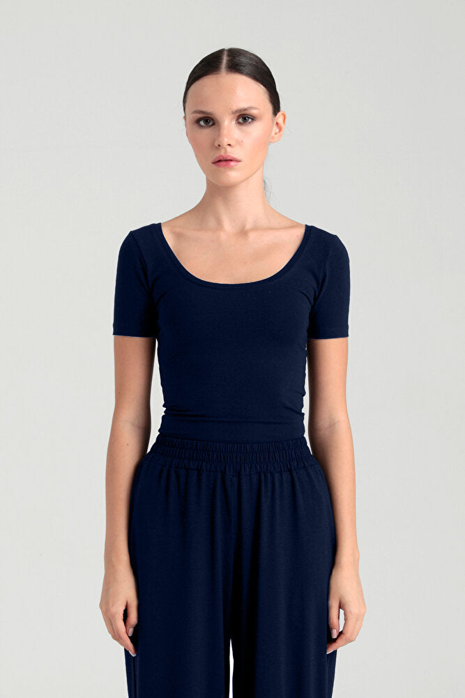 Ultra Soft Oval Yaka Kısa Kol Bluz Lacivert