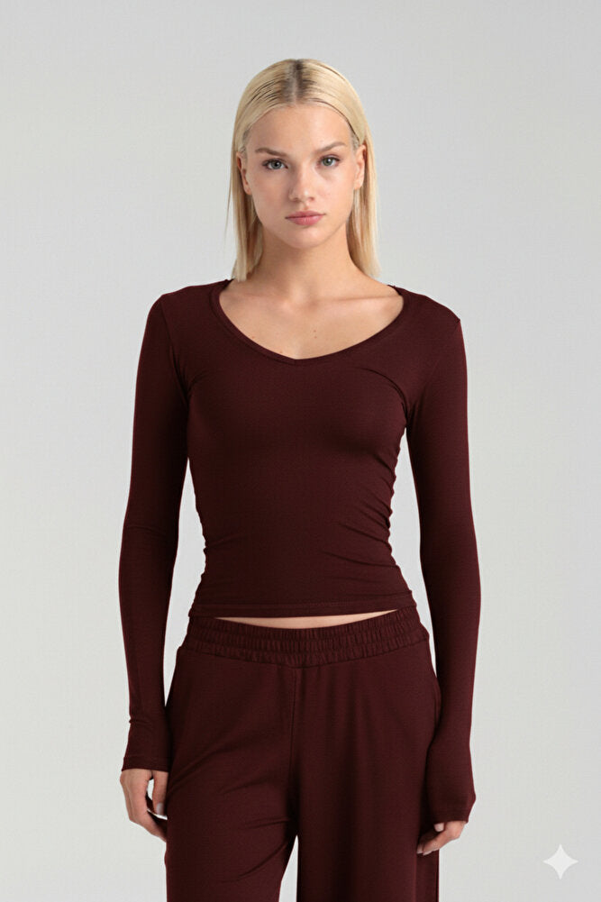 Ultra Soft V Yaka Bluz Bordo
