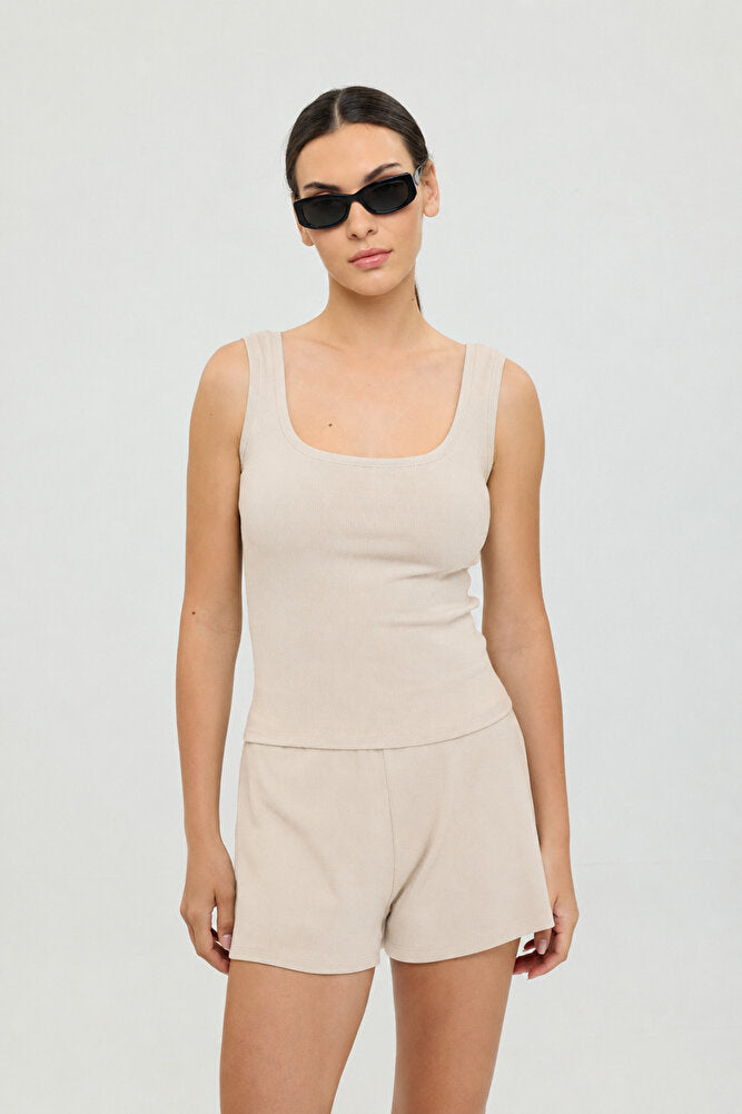 Soft Rib Oval Yaka Kolsuz Bluz Bej