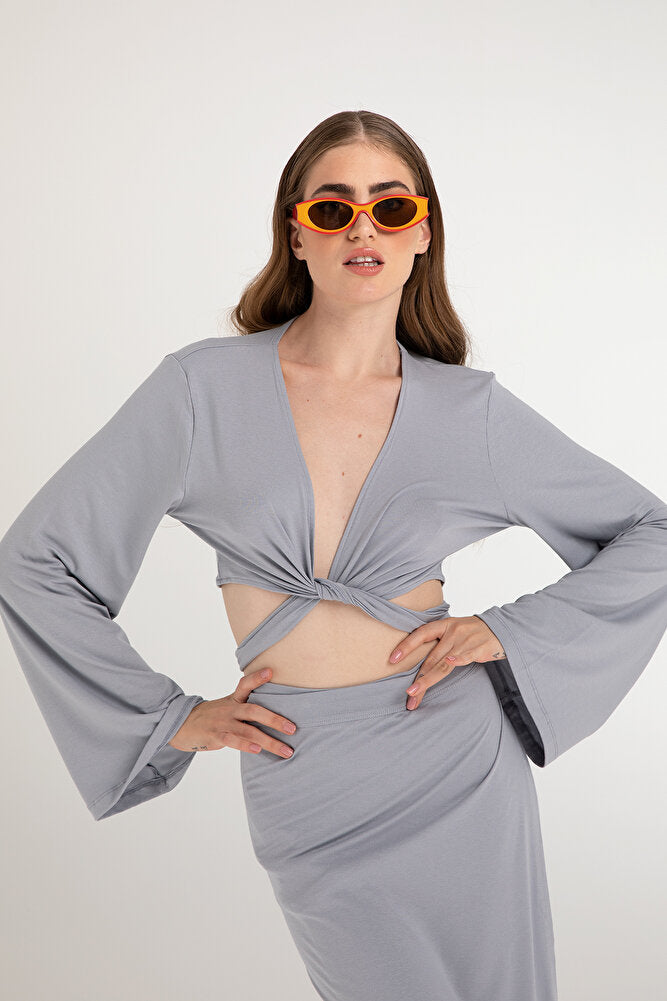 Ultra Soft Bağlamalı Volan Kol Bluz Gri
