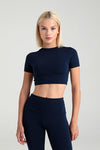 Comfort Yuvarlak Yaka Kısa Kol Crop Top Lacivert
