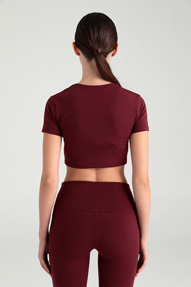 Comfort Yuvarlak Yaka Kısa Kol Crop Top Bordo