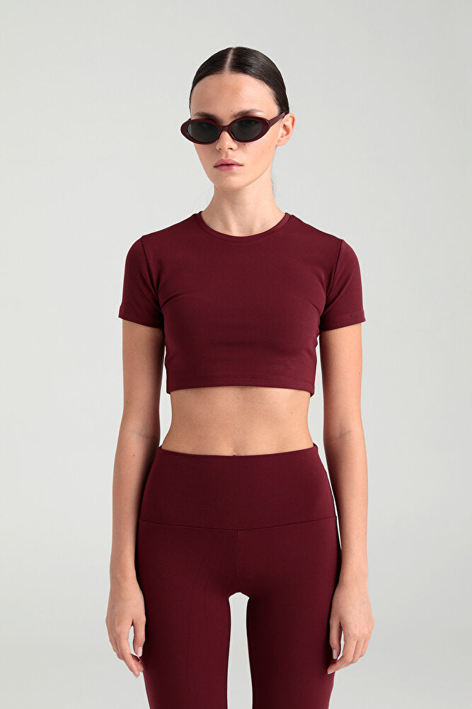 Comfort Yuvarlak Yaka Kısa Kol Crop Top Bordo