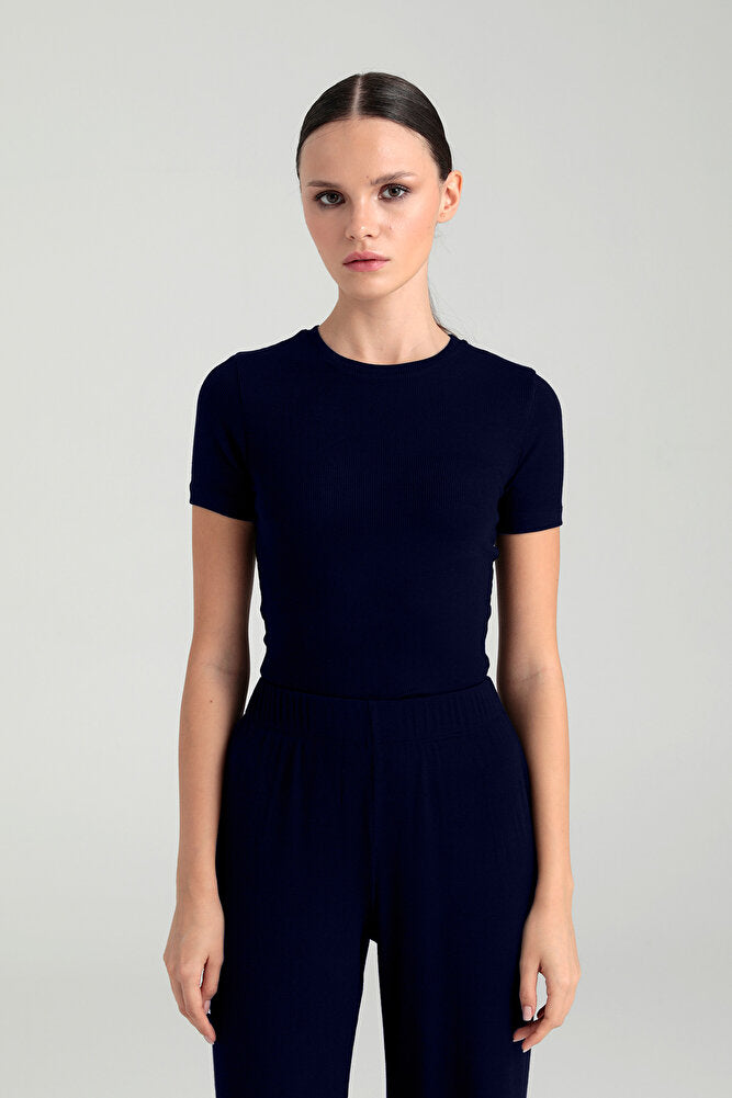 Soft Rib Yuvarlak Yaka Kısa Kol Bluz Lacivert