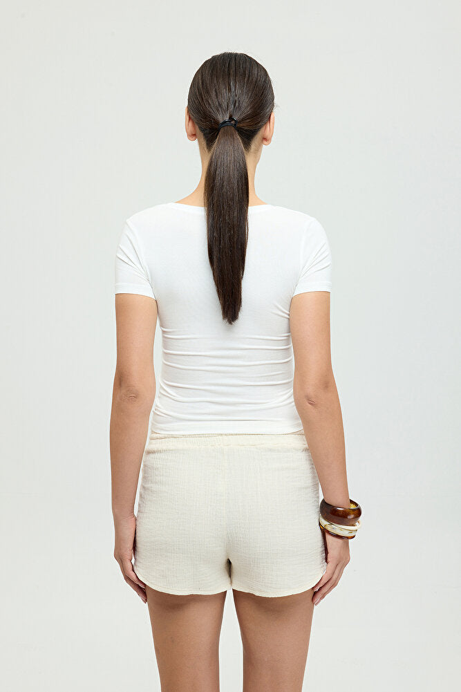 Ultra Soft V Yaka Kısa Kol Bluz Ekru