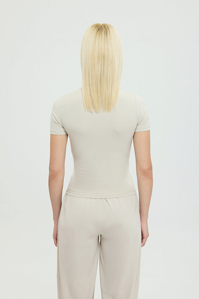 Ultra Soft Yuvarlak Yaka Kısa Kol Bluz Bej