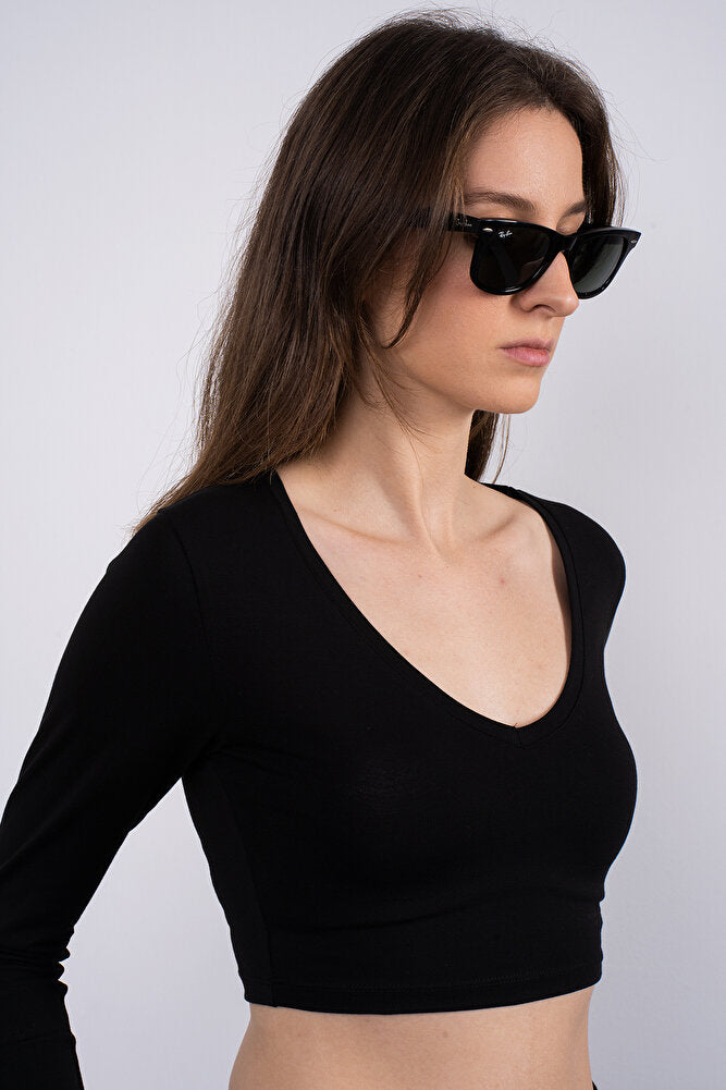 Cotton V Yaka Kısa Bluz Siyah