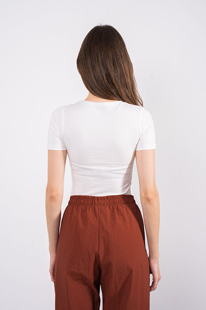 Cotton V Yaka Kısa Kol Bluz Ekru