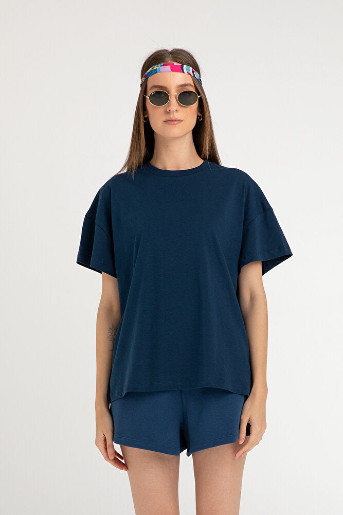 Cotton Oversize Bisiklet Yaka Basic T-shirt İndigo