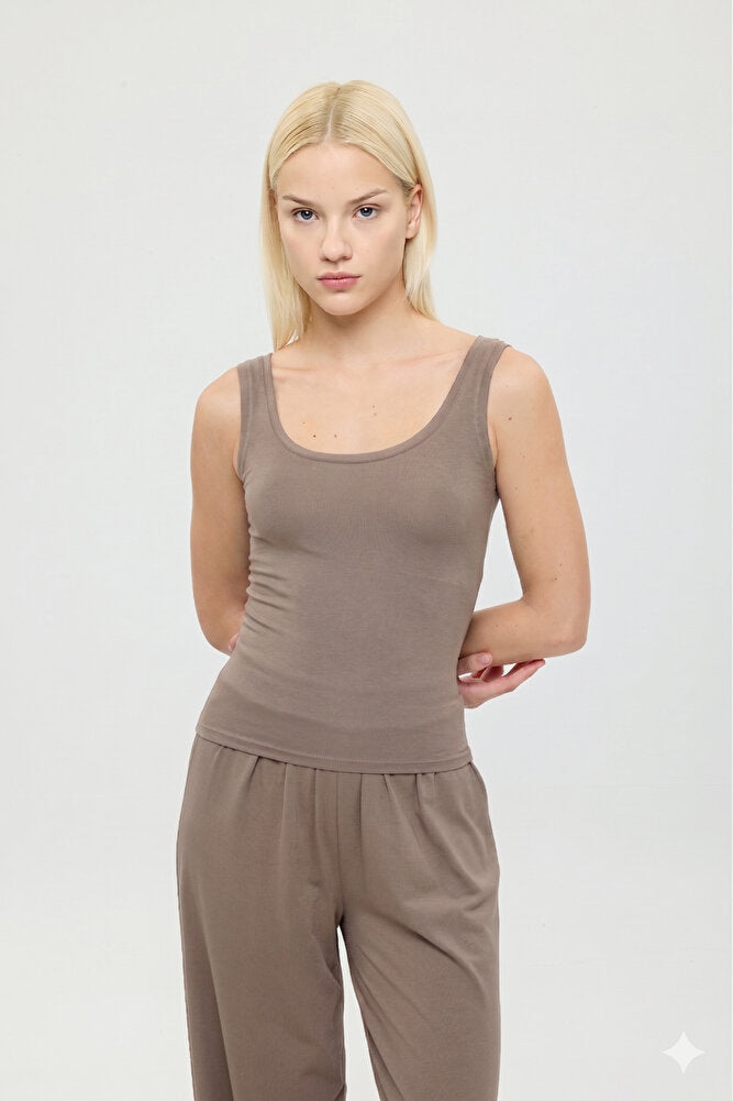 Ultra Soft Oval Yaka Kolsuz Bluz Vizon