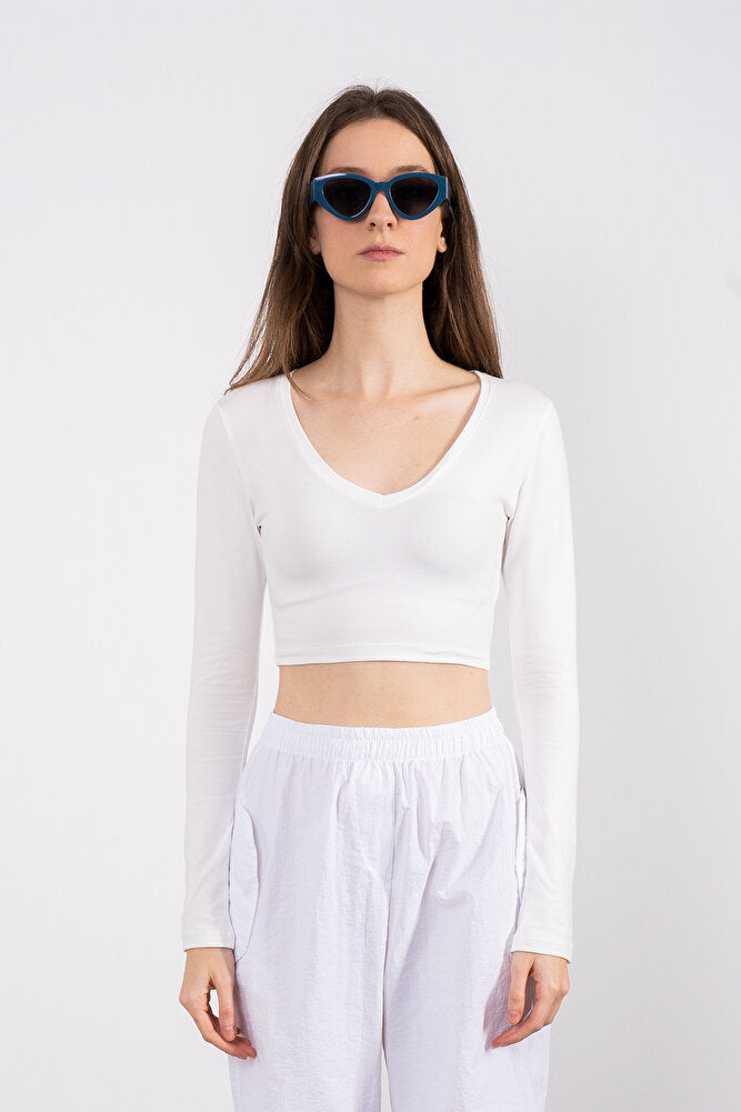 Cotton V Yaka Kısa Bluz Ekru