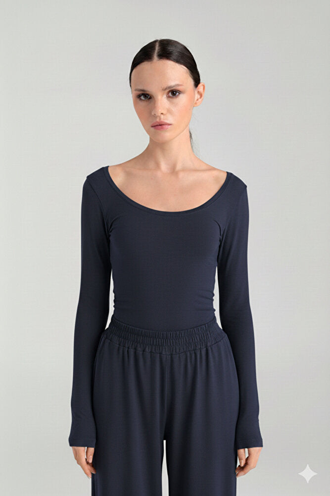 Ultra Soft Oval Yaka Bluz Lacivert