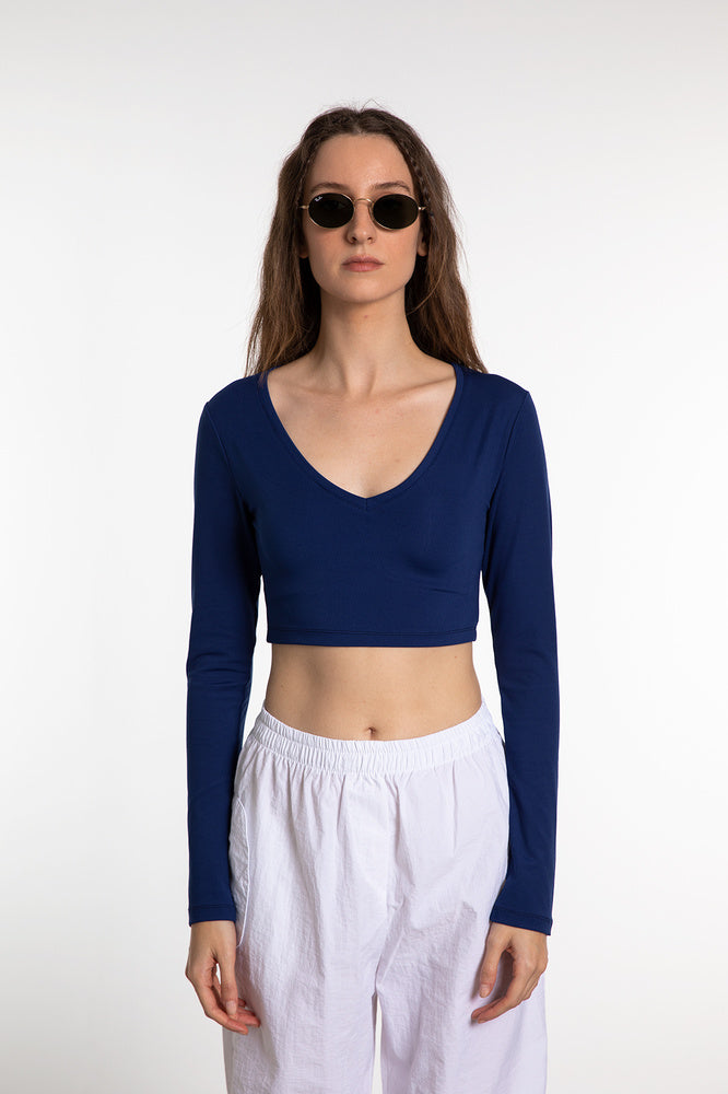 Soft Touch V Yaka Kısa Bluz Lacivert