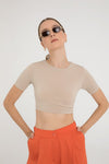 Soft Touch Yuvarlak Yaka Kısa Kol Crop Top Bej