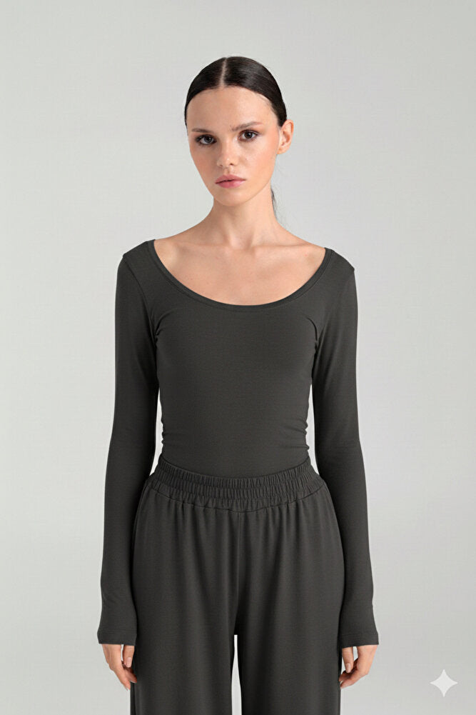 Ultra Soft Oval Yaka Bluz Füme
