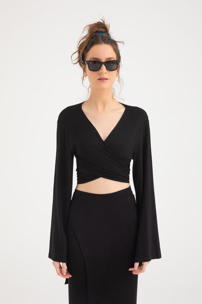 Ultra Soft Bağlamalı Volan Kol Bluz Siyah