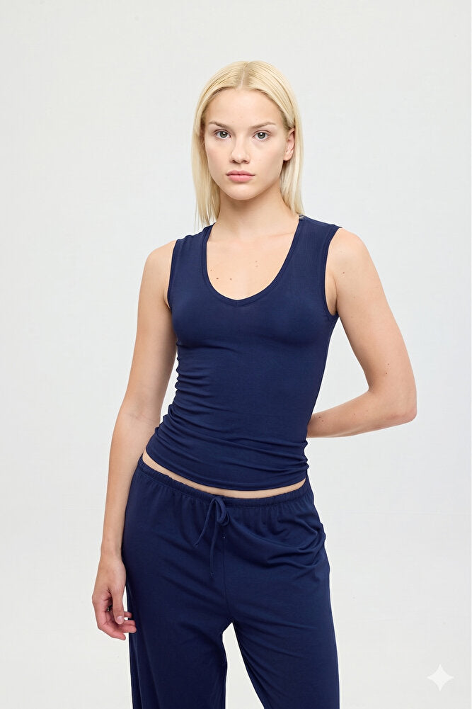 Ultra Soft V Yaka Kolsuz Bluz Lacivert