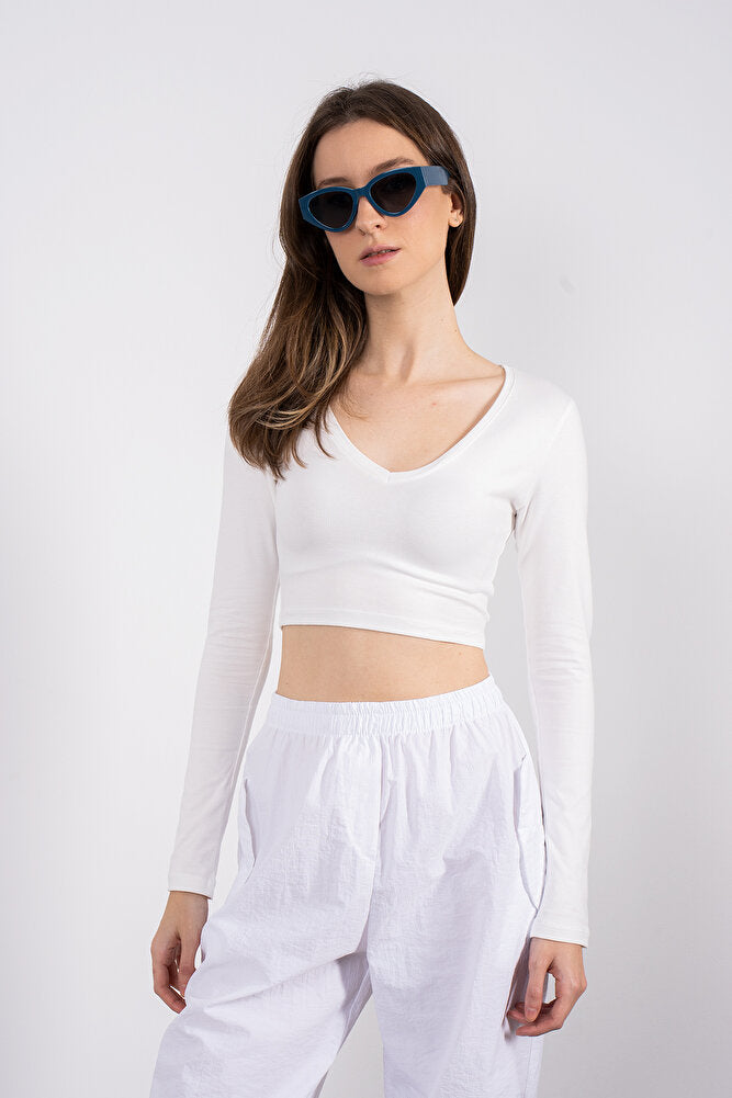 Cotton V Yaka Kısa Bluz Ekru