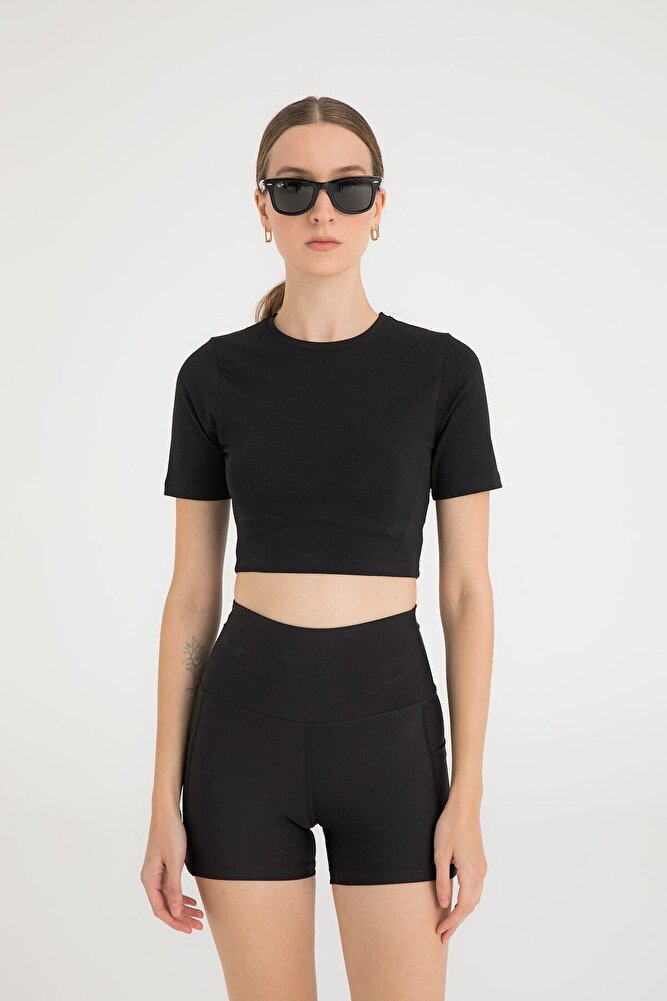 Cotton Yuvarlak Yaka Kısa Kol Crop Top Siyah