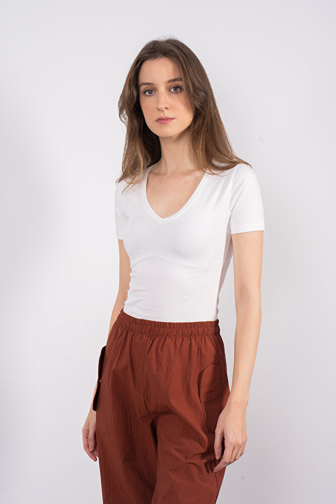 Cotton V Yaka Kısa Kol Bluz Ekru