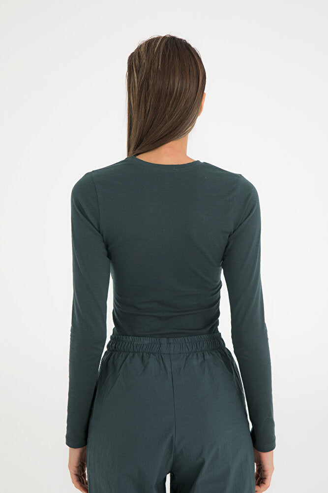 Cotton Yuvarlak Yaka Bluz Yosun Yeşili