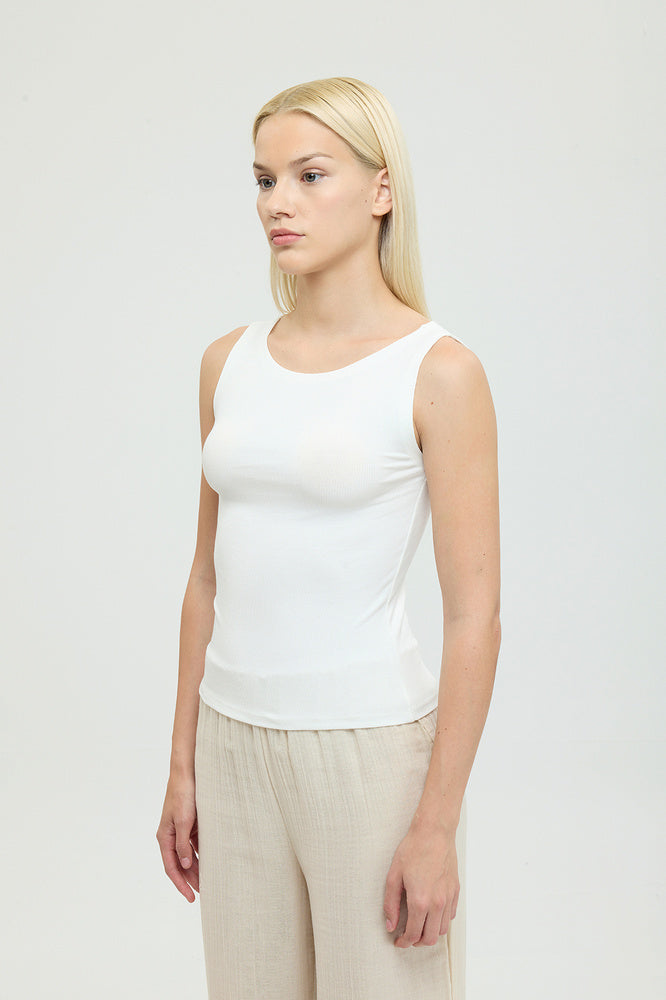 Soft Rib Kayık Yaka Kolsuz Bluz Ekru