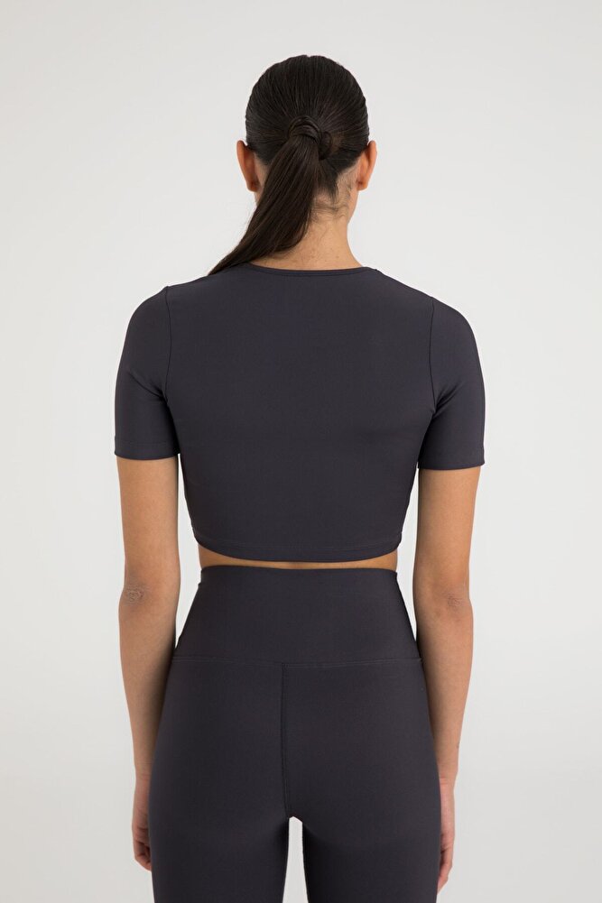 Soft Touch Yuvarlak Yaka Kısa Kol Crop Top Füme