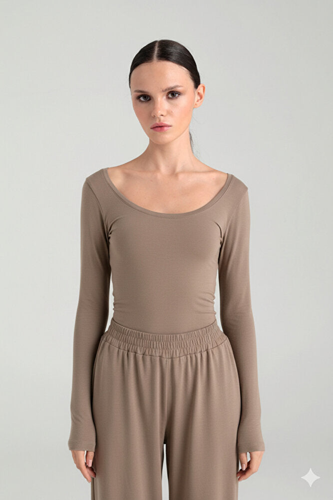 Ultra Soft Oval Yaka Bluz Vizon