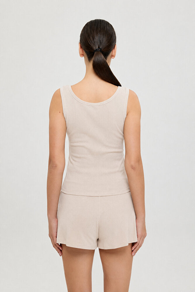Soft Rib Oval Yaka Kolsuz Bluz Bej