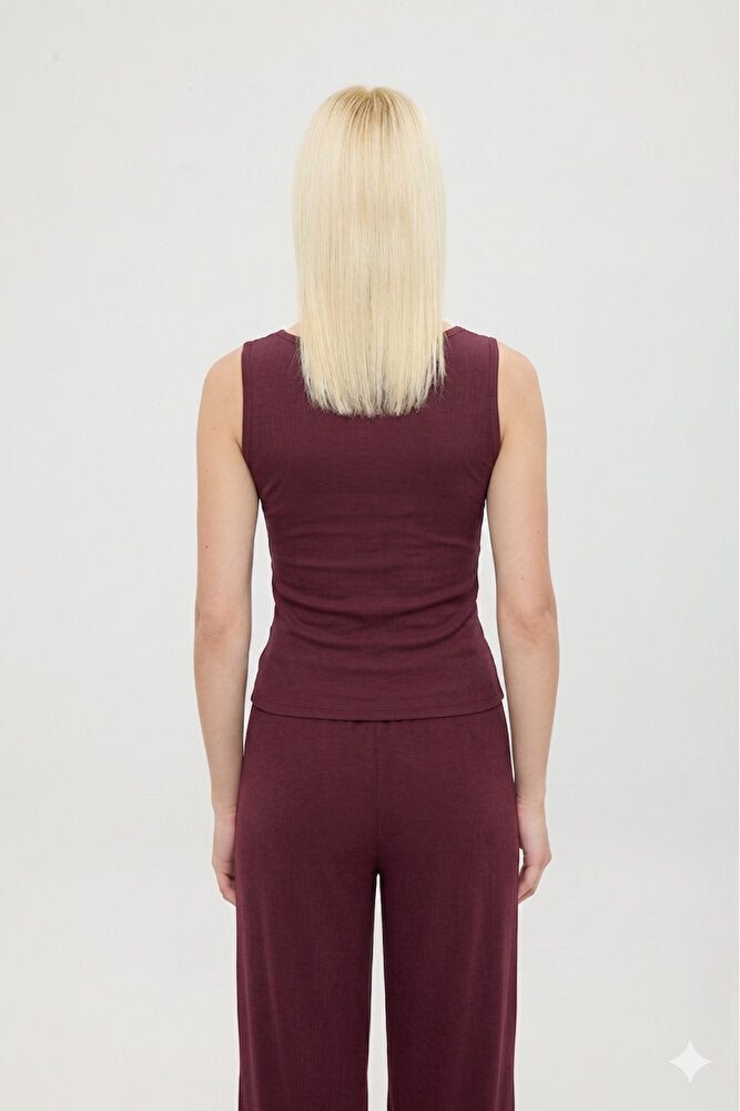 Ultra Soft Kayık Yaka Kolsuz Bluz Bordo