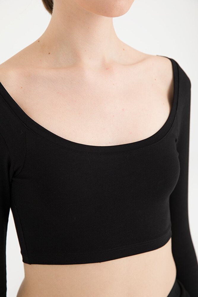 Cotton Oval Yaka Kısa Bluz Siyah