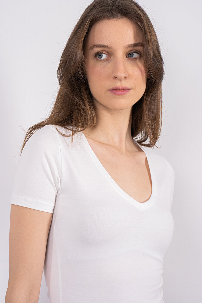 Cotton V Yaka Kısa Kol Bluz Ekru