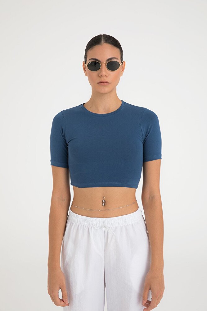 Cotton Yuvarlak Yaka Kısa Kol Crop Top İndigo