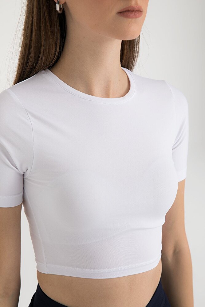 Soft Touch Yuvarlak Yaka Kısa Kol Crop Top Beyaz