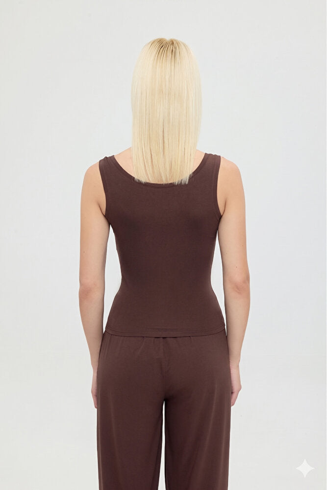 Ultra Soft Oval Yaka Kolsuz Bluz Kahverengi
