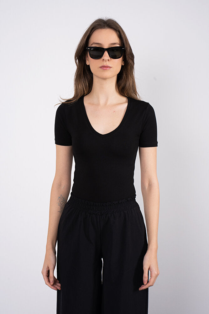 Cotton V Yaka Kısa Kol Bluz Siyah