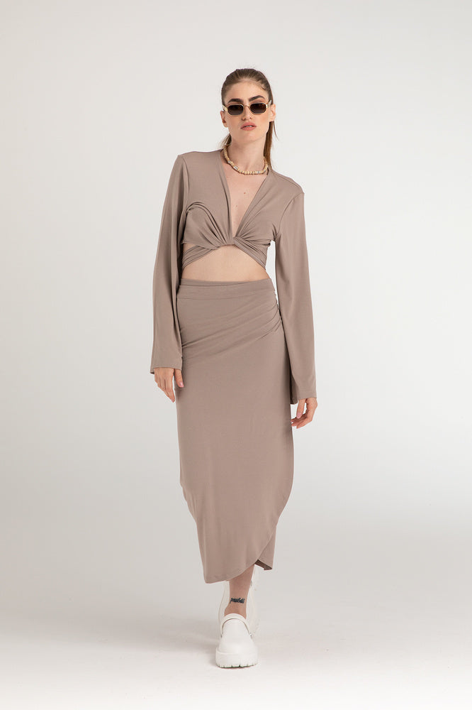 Ultra Soft Bağlamalı Volan Kol Bluz Vizon