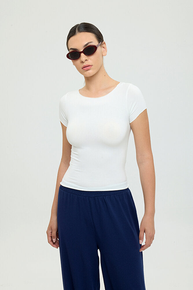 Ultra Soft Kayık Yaka Kısa Kol Bluz Ekru