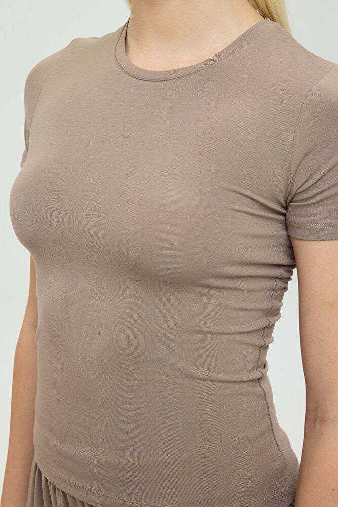 Ultra Soft Yuvarlak Yaka Kısa Kol Bluz Vizon