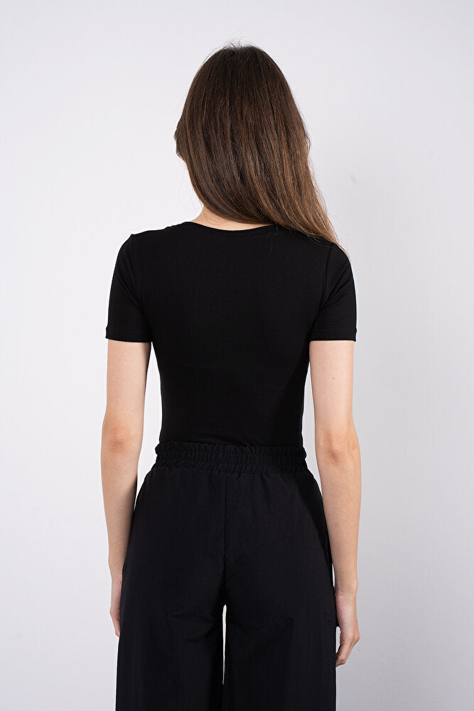 Cotton V Yaka Kısa Kol Bluz Siyah