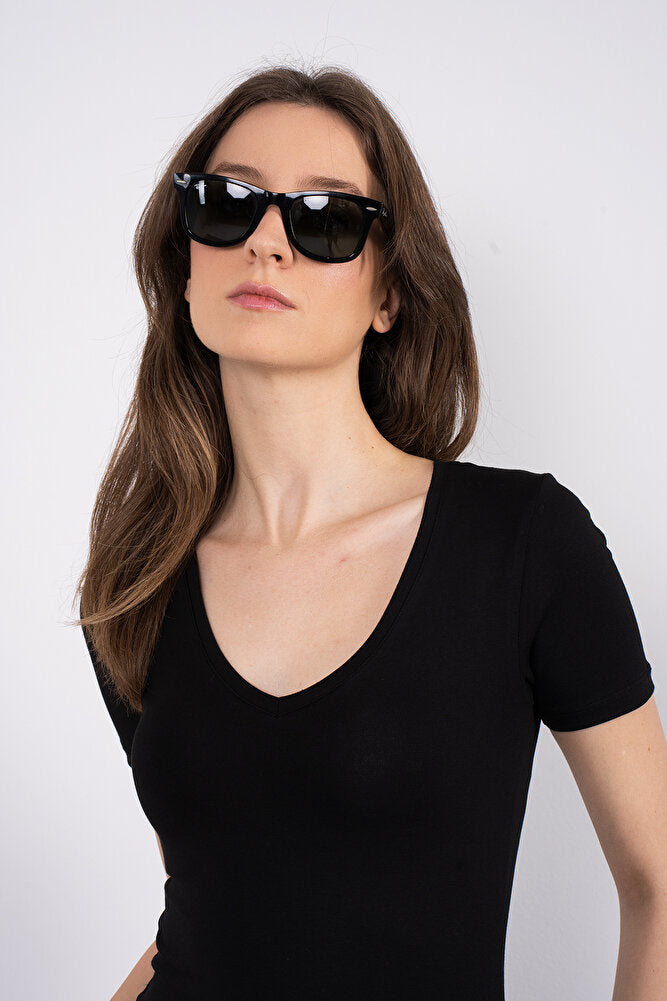 Cotton V Yaka Kısa Kol Bluz Siyah